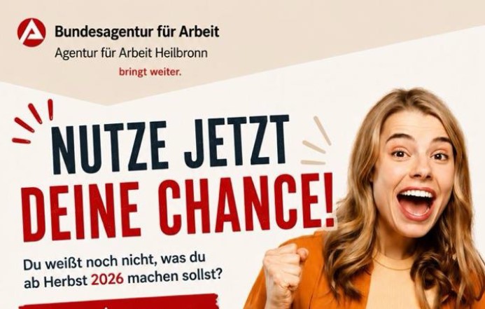 Werbeplakat für die Veranstaltung Markt der Möglichkeiten. Abgebildet ist eine junge Frau, die sich freut und die Hand zur Faust ballt. Daneben steht "Nutze jetzt deine Chance!"