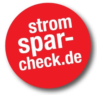 Roter Button mit weißer Schrift auf dem Stromspar-Check.de steht. Ist das Logo.